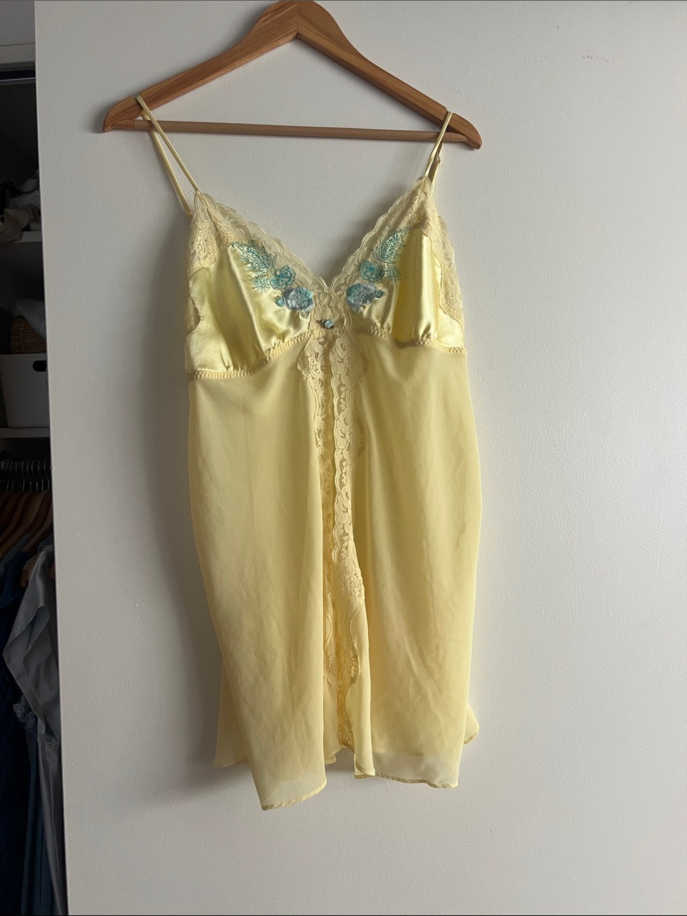 Secret Treasures Pale Yellow Slip with Blue Floral Embroidery